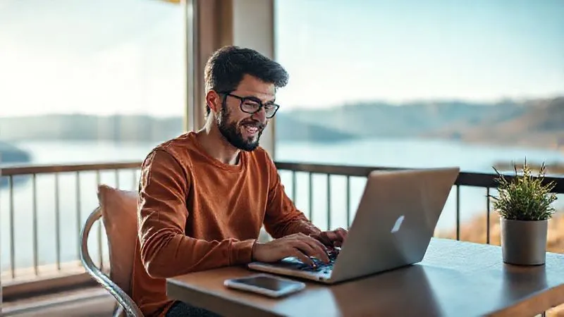A digital nomad happily working from a laptop in a cozy, well-organized workspace in a scenic location (e.g., a balcony overlooking a lake or mountains). The person looks calm, focused, and content, with a few essential, sleek gadgets around them. The atmosphere is peaceful and productive, emphasizing freedom and control. Photorealistic, professional photography, 8K, cinematic lighting, sharp focus on the person and laptop, depth of field blurring the background, shot on a high-end DSLR.