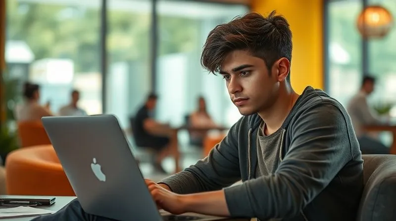 A photorealistic image of a young digital nomad sitting in a vibrant co-working space in Bali, looking at a laptop with a slightly overwhelmed expression, surrounded by subtle visual cues of unfinished tasks (e.g., open tabs, scattered notes). The background is bright and inviting, but the nomad's focus is on the screen, reflecting internal struggle. Cinematic lighting, sharp focus on the nomad, depth of field blurring the background. 8K hyper-detailed, professional photography.