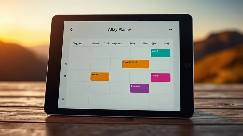 A photorealistic image of a minimalist digital calendar or planner interface on a tablet, displaying color-coded time blocks for 'Deep Work', 'Admin', 'Personal Growth', and 'Exploration'. The tablet is placed on a wooden table with a blurred background of a scenic mountain landscape during golden hour. Cinematic lighting, sharp focus on the tablet screen, depth of field blurring the background. 8K hyper-detailed, professional photography.
