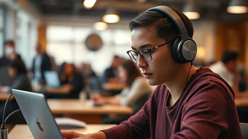 A photorealistic image of a digital nomad wearing sleek noise-canceling headphones, deeply focused on a laptop in a bustling, modern co-working space filled with other people working. The nomad's expression is serene and concentrated, creating a personal bubble amidst the activity. Cinematic lighting, sharp focus on the nomad, depth of field blurring the background elements. 8K hyper-detailed, professional photography.