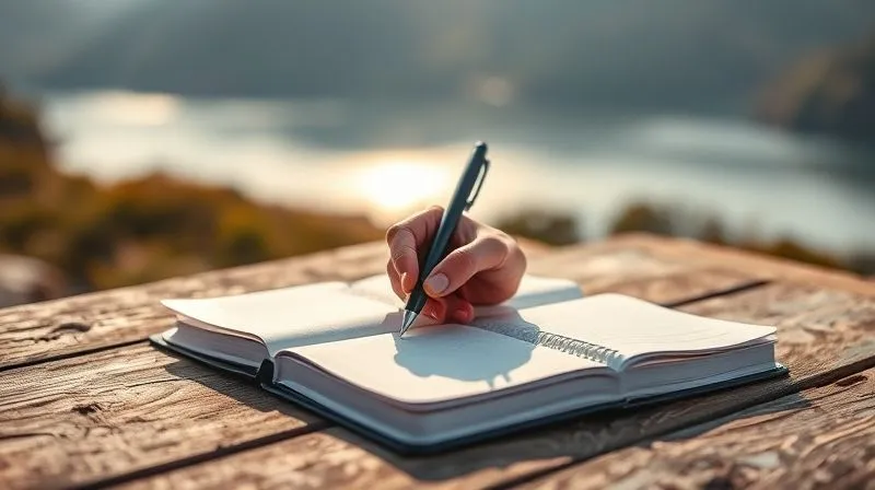 A photorealistic image from a slightly elevated angle, showing a hand writing notes in a sleek, open journal or planner. The journal is on a rustic wooden table, with a blurred, sun-drenched background of a scenic mountain vista or a calm lake, symbolizing reflection and planning amidst travel. Cinematic lighting, sharp focus on the journal and hand, depth of field blurring the background. 8K hyper-detailed, professional photography.