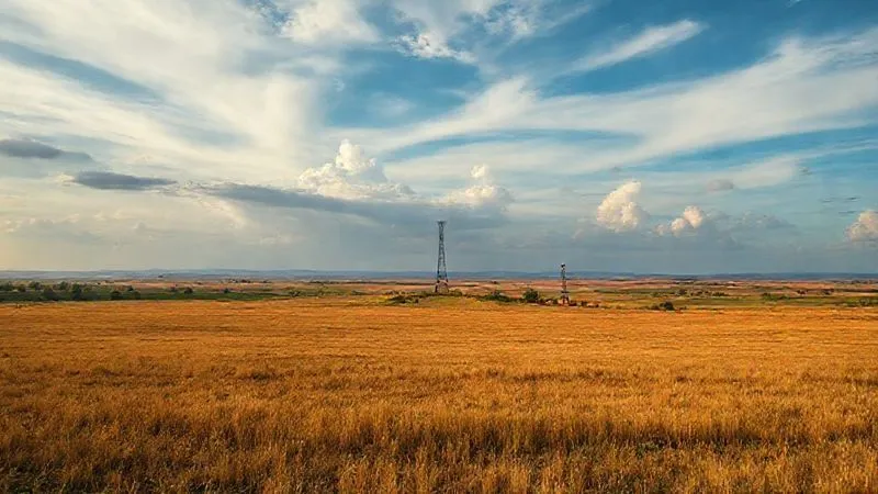 A photorealistic, professional photography, 8K, cinematic lighting, sharp focus, depth of field, shot on a high-end DSLR, depicting a vast, beautiful rural landscape with a single, small cellular tower barely visible in the distance, emphasizing the challenge of connectivity in remote areas. The sky is dramatic, with a sense of isolation but also potential.