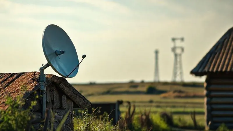 A photorealistic, professional photography, 8K, cinematic lighting, sharp focus, depth of field, shot on a high-end DSLR, showing a small, discreet antenna dish mounted on the side of a rustic rural house, with a clear line of sight to a distant, barely visible transmission tower, symbolizing internet via radio connectivity.