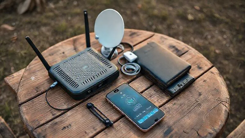 A photorealistic, professional photography, 8K, cinematic lighting, sharp focus, depth of field, shot on a high-end DSLR, showing a neatly organized collection of digital nomad internet essentials: a sleek portable 4G/5G router, a small satellite dish (Starlink-like), a high-capacity power bank, and a smartphone displaying a signal strength app, all laid out on a rugged, wooden table outdoors.