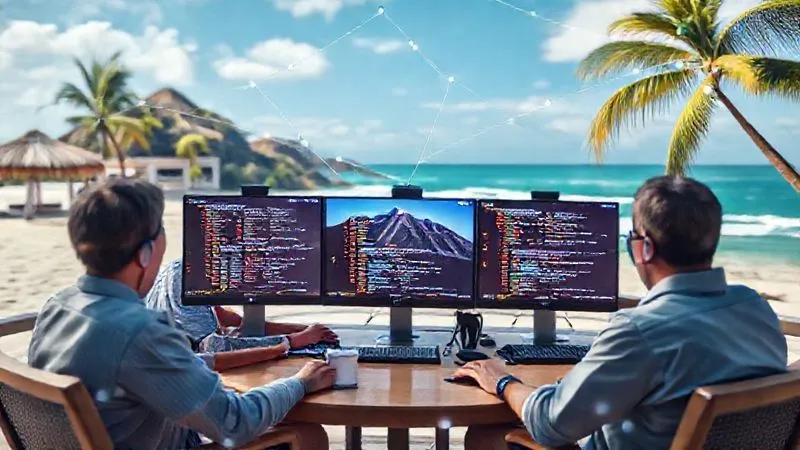 A photorealistic image of a global team of developers on a video call, each in a different iconic location (beach, mountain, cafe), their screens showing synchronized code. A vibrant, interconnected network overlaying the scene. Cinematic lighting, sharp focus, depth of field, 8K hyper-detailed, professional photography, shot on a high-end DSLR.