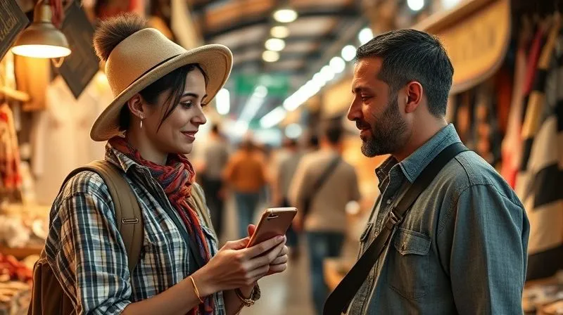 A photorealistic image of a digital nomad holding a smartphone with a language learning app open, looking confidently at a local artisan in a bustling marketplace. The scene is vibrant, with cinematic lighting highlighting their interaction, sharp focus on their faces and the app, and depth of field blurring the background. Shot on a high-end DSLR, 8K. The mood is one of successful cross-cultural communication and connection.