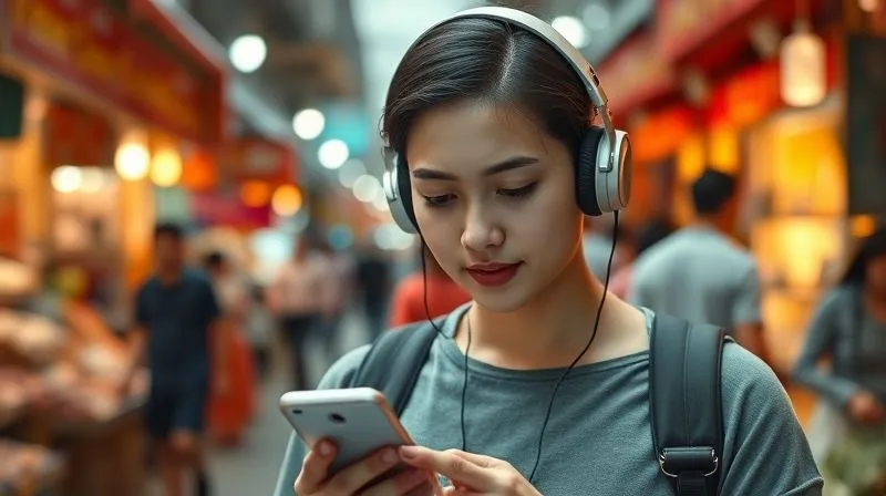 A photorealistic, professional photography, 8K, cinematic lighting, sharp focus, depth of field, shot on a high-end DSLR, depicting a person wearing headphones, engrossed in a language learning app on their phone while walking through a vibrant, foreign street market. Their expression is focused yet relaxed, suggesting active learning in a real-world setting. The background shows blurred market stalls and local interactions, emphasizing the immersive learning experience.