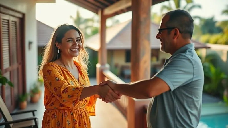 A photorealistic image of a digital nomad, Sofia, smiling confidently while shaking hands with a local Balinese homeowner, finalizing a rental agreement. The scene takes place on a sunlit veranda of a beautiful Balinese villa, with traditional architecture in the background. Cinematic lighting, sharp focus on their hands and faces, depth of field blurring the lush tropical garden. Shot on a high-end DSLR, 8K. The mood is one of successful negotiation and mutual respect.