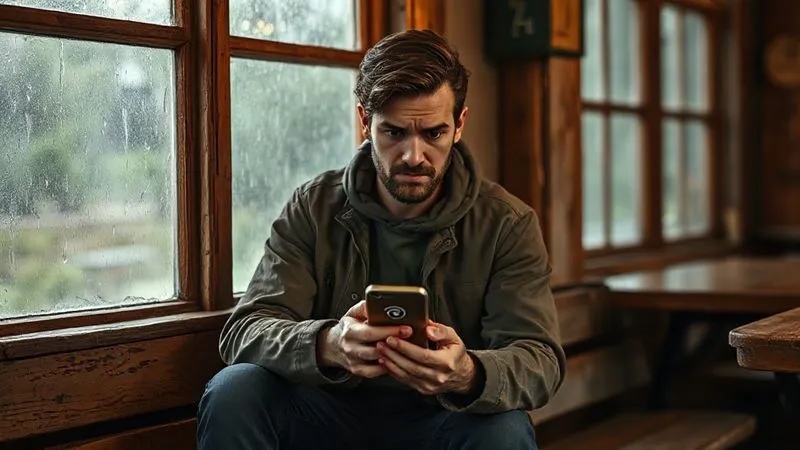 A photorealistic image of a digital nomad sitting on a rickety wooden bench in a remote, rustic café, looking frustrated at a smartphone with a 'no signal' icon displayed prominently. Rain streaks on the window behind, creating a slightly melancholic, determined mood. Cinematic lighting, sharp focus on the phone and the nomad's expression, depth of field blurring the cafe background. Shot on a high-end DSLR, 8K hyper-detailed.