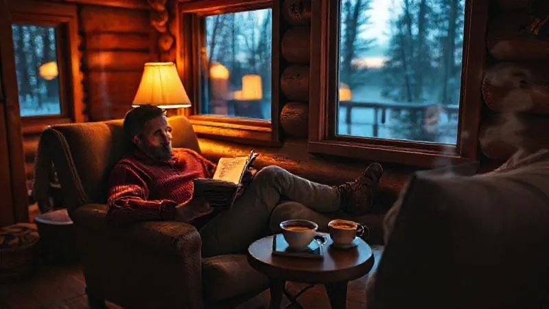 A photorealistic image of a cozy, rustic cabin interior at dusk. A digital nomad is sitting on a comfortable armchair by a window, reading a physical book. A tablet is on a small table nearby, displaying a downloaded course. A cup of tea steams beside it. Cinematic lighting, warm glow from a lamp, sharp focus on the nomad and the book, depth of field blurring the background. Shot on a high-end DSLR, 8K hyper-detailed.