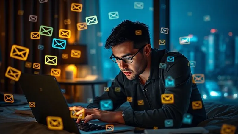 A photorealistic image of a digital nomad looking stressed and overwhelmed, surrounded by glowing, chaotic digital icons representing emails, tasks, and notifications. They are hunched over a laptop in a dimly lit room, perhaps a hotel room, with a blurry window showing a vibrant city outside that they cannot enjoy. Cinematic lighting, sharp focus on the nomad's face, depth of field, 8K hyper-detailed, shot on a high-end DSLR.