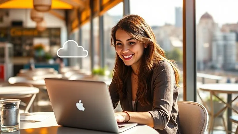 A photorealistic image of a digital nomad, Sofia, smiling confidently while working on her laptop in a vibrant, sunlit cafe overlooking a beautiful cityscape. She looks relaxed and focused, with a sense of accomplishment. Subtle visual cues of seamless digital processes (like light trails connecting her laptop to a cloud icon). Cinematic lighting, sharp focus on Sofia, depth of field, 8K hyper-detailed, shot on a high-end DSLR.