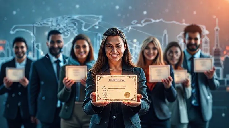 A photorealistic image of a diverse group of people from different continents, each holding a glowing digital certificate icon, connected by subtle lines representing a global professional network. The background shows a blend of iconic landmarks from various countries, all under a digital overlay. Cinematic lighting, sharp focus, depth of field, 8K hyper-detailed, professional photography, shot on a high-end DSLR.