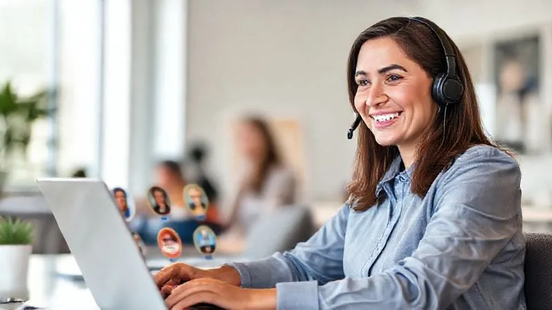 A photorealistic image of a professional woman with a headset, smiling confidently as she interacts with a diverse team on a video call, her laptop open to a screen showing various e-learning certification badges. The background is a clean, modern workspace with natural light. Cinematic lighting, sharp focus on the woman, depth of field blurring the background, 8K hyper-detailed, professional photography, shot on a high-end DSLR.