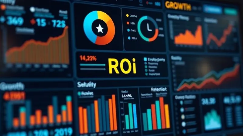 A photorealistic image of a complex dashboard with various data points and graphs, showing growth in different metrics like employee engagement, productivity, and retention, with a prominent 'ROI' indicator, cinematic lighting, sharp focus on the dashboard, depth of field, 8K hyper-detailed, professional photography.