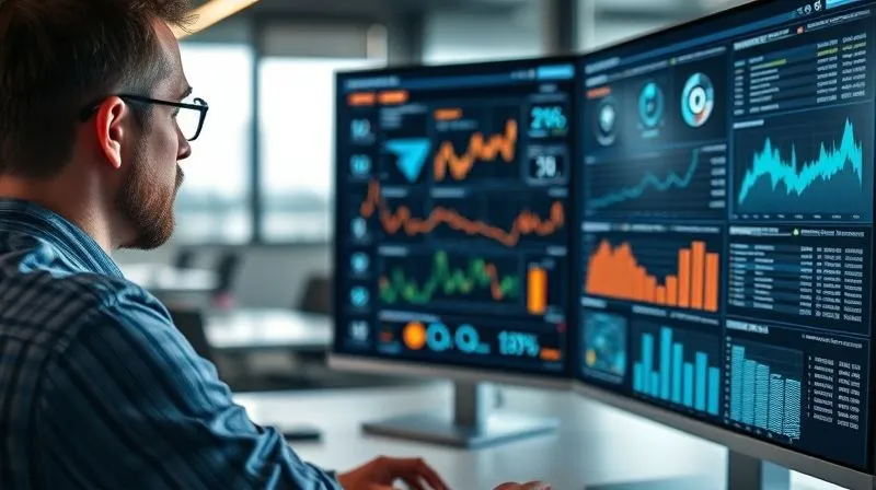 A photorealistic image of a professional in a modern office, intently analyzing a complex data visualization on a large screen, with various charts and graphs, cinematic lighting, sharp focus on the person and screen, depth of field blurring the background, 8K hyper-detailed, professional photography.