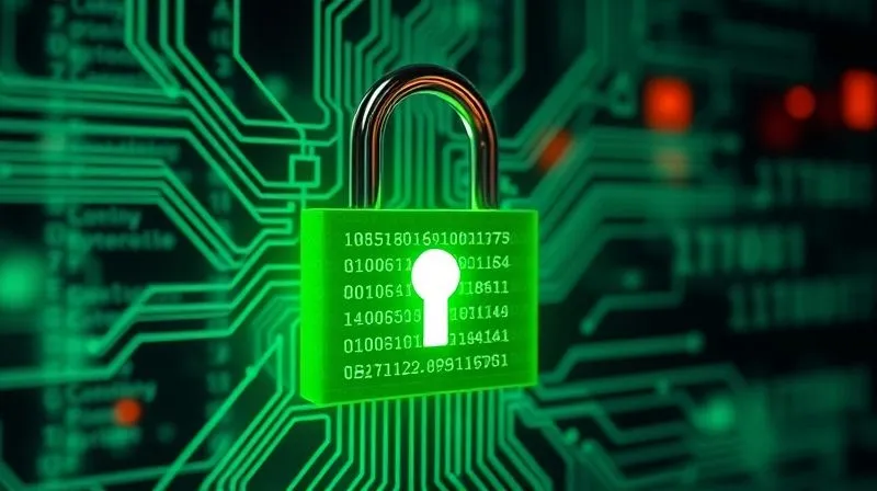 A photorealistic image of a digital padlock glowing with green light, surrounded by a complex network of data streams and binary code, representing cybersecurity, cinematic lighting, sharp focus on the padlock, depth of field, 8K hyper-detailed, professional photography.