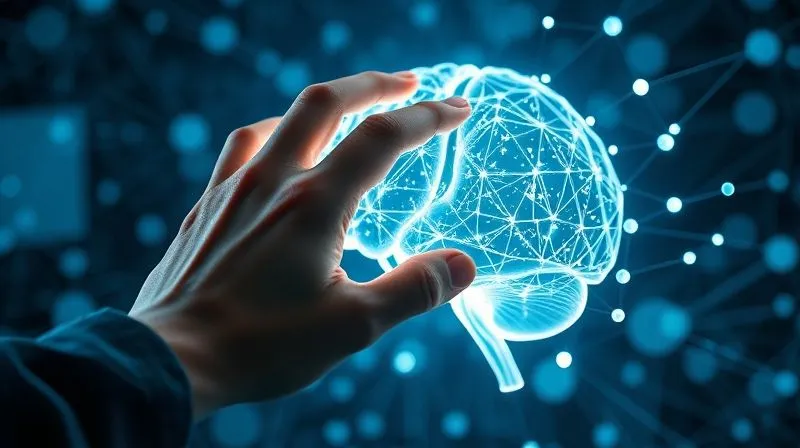 A photorealistic image of a human hand touching a glowing holographic brain composed of interconnected nodes, surrounded by abstract digital patterns, representing artificial intelligence and machine learning, cinematic lighting, sharp focus on the hand and brain, depth of field, 8K hyper-detailed, professional photography.