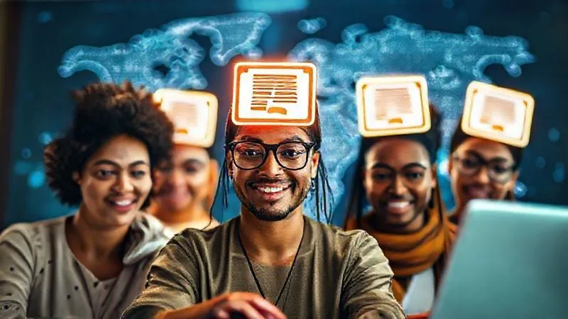 A photorealistic image of a diverse group of digital nomads collaborating online, each with a glowing digital certificate icon above their head, symbolizing professional validation and global connectivity, with a blurred map of the world in the background. Cinematic lighting, sharp focus, 8K, shot on a high-end DSLR.