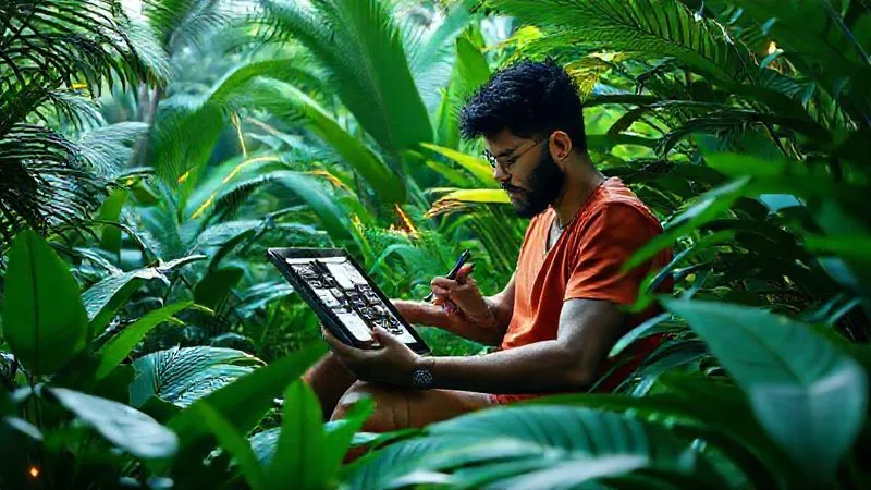 A photorealistic image of a digital nomad sketching UI wireframes on a tablet, surrounded by lush tropical greenery, with abstract glowing lines representing user flows and design elements. Cinematic lighting, sharp focus, 8K, shot on a high-end DSLR.