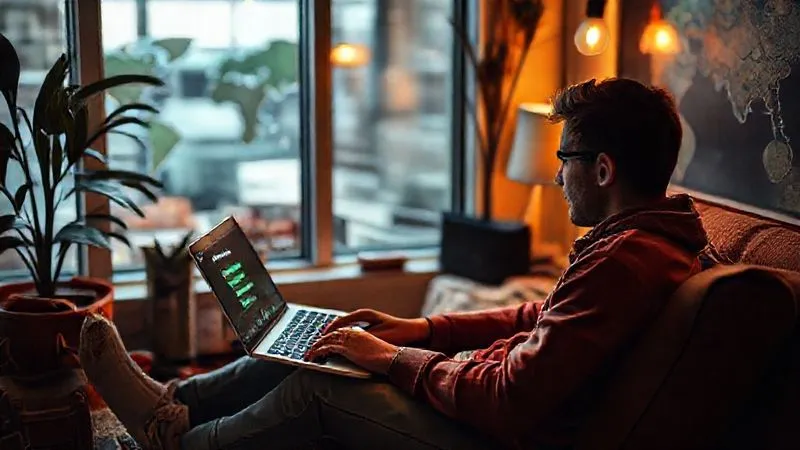 A photorealistic image of a digital nomad sitting in a cozy co-working space, looking intently at a laptop screen displaying a certification progress bar, surrounded by subtle visual cues of global travel and professional growth. Cinematic lighting, sharp focus, 8K, shot on a high-end DSLR.