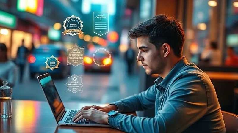 A photorealistic image of a person sitting at a cafe table, illuminated by the warm glow of a laptop screen, carefully evaluating multiple glowing digital badges and certificates floating above the screen. The background shows a blurry, vibrant street scene of a foreign city. Professional photography, 8K, cinematic lighting, sharp focus on the person and the digital badges, depth of field blurring the background. Shot on a high-end DSLR.