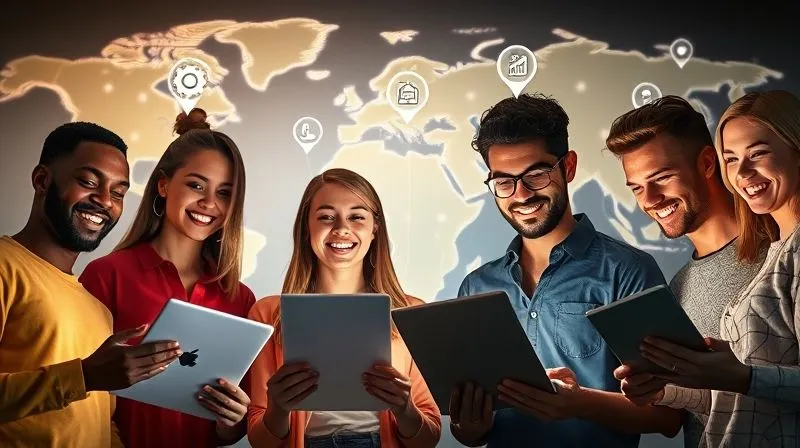 A photorealistic image of a diverse group of people from different continents, each holding a glowing digital device (laptop, tablet, phone) and smiling, connected by subtle light trails that converge at a central point, representing collaboration and diverse skills. Icons of different certifications (a gear for engineering, a magnifying glass for data, a speech bubble for marketing) float around them. The background is a softly blurred world map. Professional photography, 8K, cinematic lighting, sharp focus on the people and devices, depth of field blurring the map. Shot on a high-end DSLR.