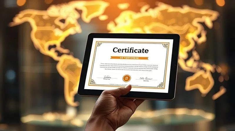 A photorealistic image of a hand proudly holding a glowing digital certificate displayed on a tablet screen, with a softly blurred world map glowing in the background, subtly showing interconnected lines representing global opportunities. The certificate has abstract, modern design elements. Professional photography, 8K, cinematic lighting, sharp focus on the hand and tablet, depth of field blurring the background. Shot on a high-end DSLR.