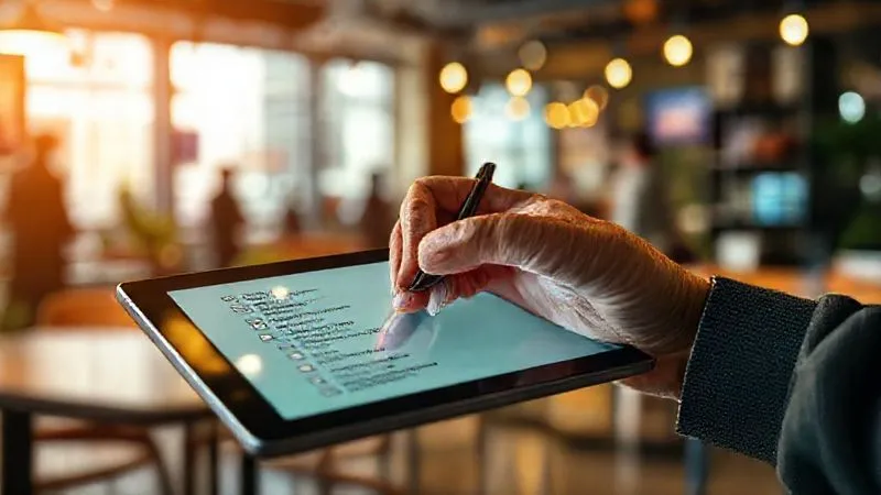 A photorealistic, professional photography shot of a digital nomad's hand meticulously ticking off items on a digital checklist on a tablet, with a blurred background of a bustling but organized co-working space in a vibrant city. The tablet screen shows clear, actionable items. 8K, cinematic lighting, sharp focus on the hand and tablet, depth of field.