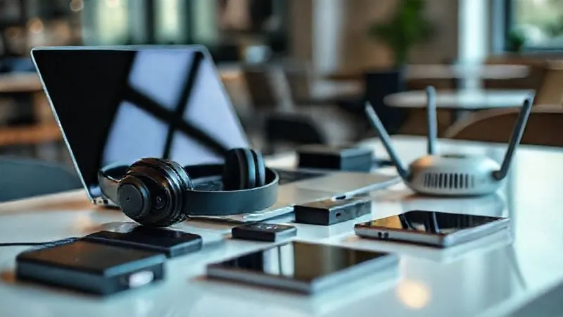 A photorealistic close-up of various essential tech gadgets for a digital nomad laid out on a clean, modern desk: a sleek laptop, a noise-canceling headphone, a portable SSD, a compact travel router, and a smartphone, all meticulously organized. The background is a blurred, stylish co-working space. 8K, cinematic lighting, sharp focus on the gadgets, depth of field.