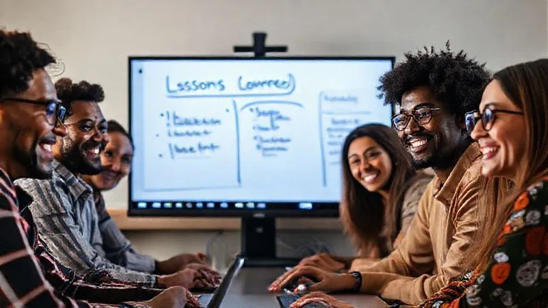 A photorealistic image of a diverse group of digital nomads, smiling and engaged, participating in a virtual post-project review meeting via video conference, with a whiteboard in the background displaying 'Lessons Learned' and 'Next Steps'. The atmosphere is collaborative and positive. 8K, cinematic lighting, sharp focus on the faces and screen, depth of field.