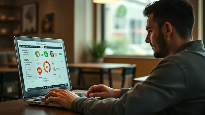 A photorealistic, professional photography, 8K, cinematic lighting image of a digital nomad sitting in a cozy, minimalist cafe, intensely focused on a laptop screen displaying a complex skill matrix or a self-assessment dashboard, with a thoughtful expression. Sharp focus on the screen and the nomad's face, depth of field blurring the cafe background, shot on a high-end DSLR.