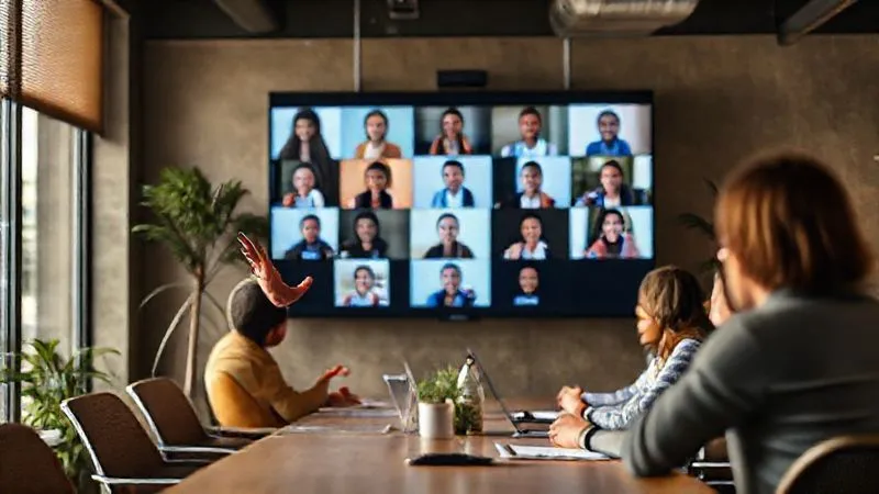 A photorealistic, professional photography, 8K, cinematic lighting image of a digital nomad in a co-working space, leading a virtual team meeting on a large screen. The nomad is gesturing confidently, surrounded by diverse team members on the screen, all looking engaged. Sharp focus on the nomad and the screen, depth of field blurring the co-working space background, shot on a high-end DSLR.