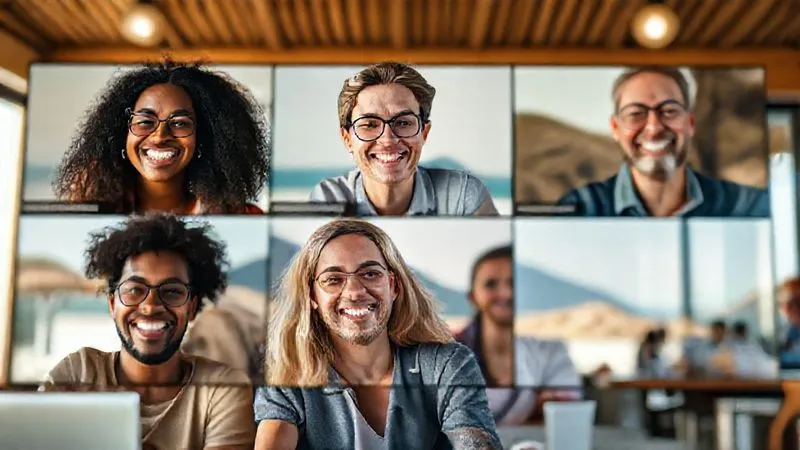 A photorealistic, professional photography, 8K, cinematic lighting image of a diverse group of digital nomads from different backgrounds, smiling and engaging in a lively virtual discussion on a video call, each from their unique remote location (beach, mountain, cafe). The atmosphere is collaborative and energetic. Sharp focus on the participants' faces, depth of field blurring their individual backgrounds, shot on a high-end DSLR.