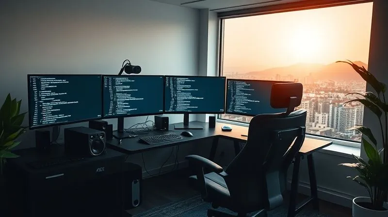 A photorealistic image of a sleek, modern home office setup with multiple monitors displaying lines of code, a comfortable ergonomic chair, and a large window showing a vibrant, sunny landscape. The atmosphere is calm and productive, with cinematic lighting and sharp focus on the tech equipment. 8K hyper-detailed, professional photography, shot on a high-end DSLR.