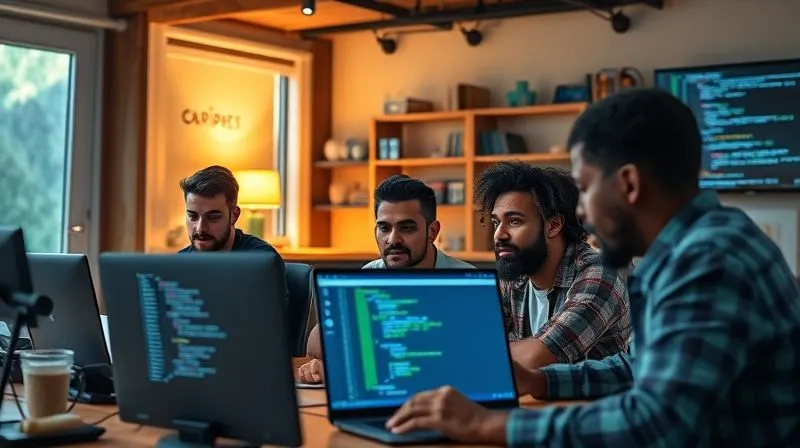 A photorealistic image of a diverse group of programmers collaborating remotely on a video call, each in their own distinct, inspiring remote workspace (e.g., a mountain cabin, a bustling cafe, a minimalist home office). Screens show code and diagrams. Cinematic lighting, sharp focus on their faces and screens, depth of field blurring backgrounds. 8K hyper-detailed, professional photography, shot on a high-end DSLR. Emphasize teamwork and global connectivity.