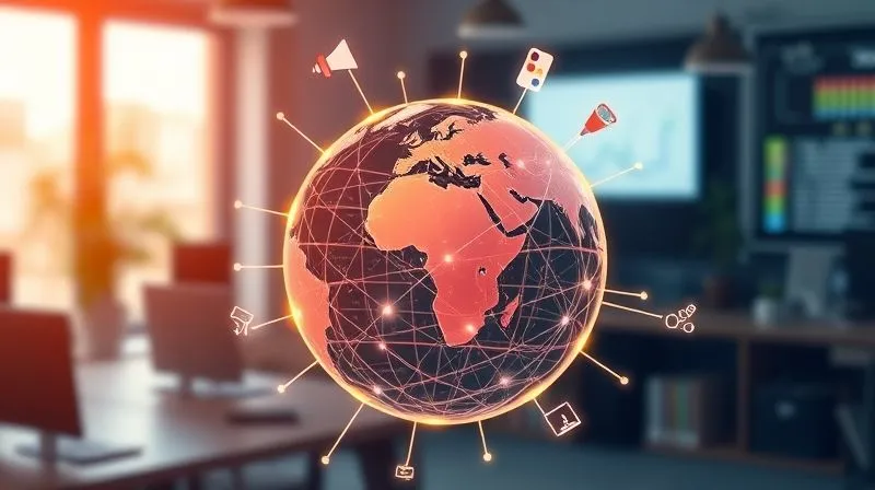 A photorealistic, professional photography of a glowing globe made of interconnected digital lines, with various skill icons (a coding bracket, a marketing megaphone, a design palette) emanating from it, representing global demand for digital skills. Cinematic lighting, sharp focus on the globe, depth of field blurring the background of a modern workspace. 8K hyper-detailed.
