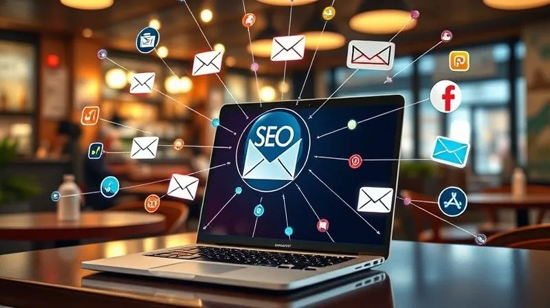 A photorealistic image of a vibrant, interconnected network of digital marketing icons (SEO magnifying glass, social media likes, email envelope, ad banner) radiating from a central laptop screen. The scene is dynamic and energetic, with cinematic lighting highlighting the connections. Sharp focus on the laptop and icons, depth of field blurring a bustling cafe background. Professional photography, 8K hyper-detailed.