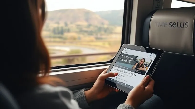 A photorealistic image of a person on a train, looking out the window at a scenic landscape, while simultaneously engaged in an e-learning course on a tablet. The tablet screen clearly shows a course interface with downloadable content. The lighting is soft and natural, emphasizing comfort and portability. professional photography, 8K, cinematic lighting, sharp focus, depth of field, shot on a high-end DSLR.
