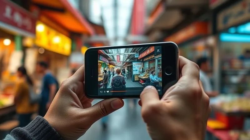 A photorealistic close-up of a person's hands holding a smartphone, with a microlearning app open, showing a short, engaging video lesson. The background is a vibrant, bustling marketplace in a foreign city, slightly blurred to emphasize the focus on the learning. professional photography, 8K, cinematic lighting, sharp focus, depth of field, shot on a high-end DSLR.