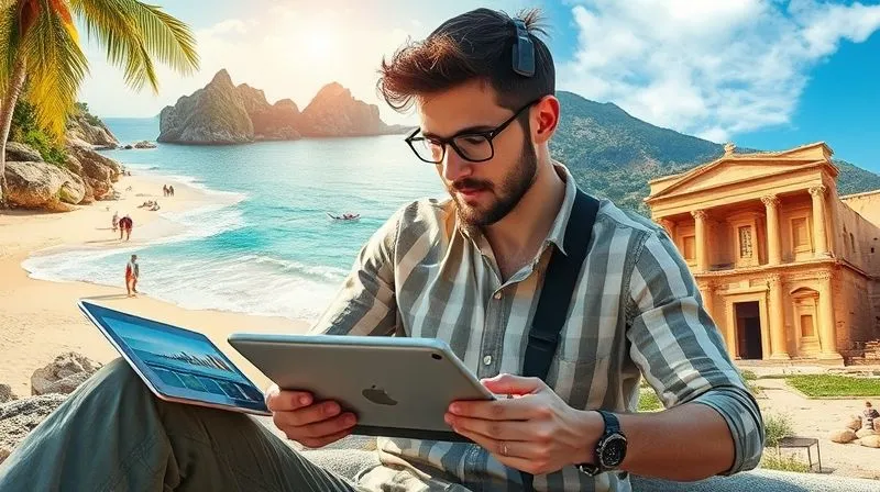A photorealistic vibrant collage of a digital nomad engaged in short, focused learning bursts in various beautiful, diverse locations: a beach, a mountain cafe, an ancient ruin. Each scene shows a tablet or laptop with a distinct e-learning module. The overall image conveys efficiency and freedom. professional photography, 8K, cinematic lighting, sharp focus, depth of field, shot on a high-end DSLR.