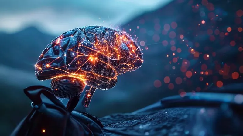 A photorealistic close-up of a digital brain network, with glowing nodes representing knowledge points and delicate lines connecting them, all displayed on a minimalist, dark-themed screen. The background is a blurred image of a traveler's backpack and a distant mountain, emphasizing the nomadic context. Professional photography, 8K, cinematic lighting, sharp focus on the glowing network, depth of field.