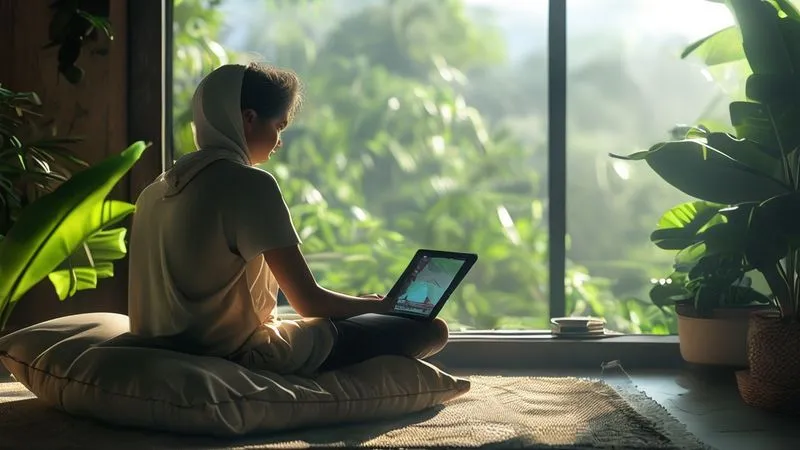 A photorealistic image of a nomadic digital learner sitting cross-legged on a comfortable cushion, intently focused on a tablet in a minimalist, sunlit room. A large window overlooks a lush, green landscape, but the learner's gaze is entirely on the screen, illustrating deep concentration. Professional photography, 8K, cinematic lighting, sharp focus on the learner, depth of field blurring the background, evoking peace and productivity.