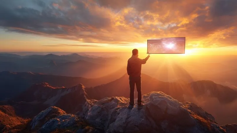 A photorealistic image of a nomadic learner standing confidently on a mountain peak, holding a glowing digital tablet that projects a complex but organized knowledge graph into the air. The sun rises in the background, casting golden light, symbolizing enlightenment and mastery. Professional photography, 8K, cinematic lighting, sharp focus on the learner and the knowledge projection, depth of field blurring the distant landscape, evoking triumph and intellectual freedom.