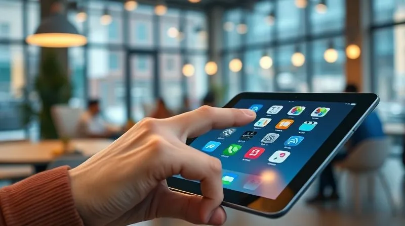 A photorealistic close-up of a digital nomad's hand hovering over a tablet screen displaying various app icons, with a blurred background of a bustling co-working space in a foreign city. Cinematic lighting, sharp focus, 8K, depth of field, professional photography, shot on a high-end DSLR.