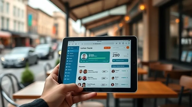 A photorealistic representation of a sleek, modern tablet screen displaying a clean, user-friendly e-learning course dashboard with progress bars and student profiles. The tablet is held in a minimalist, open-air cafe setting with a subtle background of a bustling city street. Cinematic lighting, 8K, sharp focus on the screen, depth of field, professional photography, shot on a high-end DSLR.