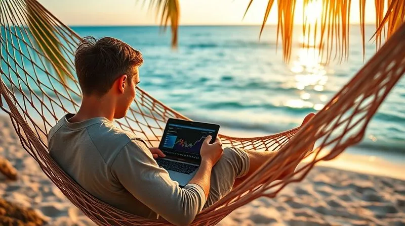 A photorealistic shot of a digital nomad sitting on a hammock on a tropical beach, calmly working on a laptop. The screen shows analytics and sales figures for an online course. Golden hour lighting, professional photography, 8K, sharp focus on the laptop and the person, depth of field blurring the ocean, shot on a high-end DSLR.