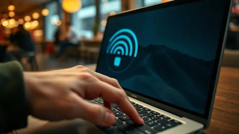 A photorealistic close-up of a digital nomad's hand hovering over a laptop keyboard, with a blurry network signal icon on the screen, indicating poor connectivity. The background shows a bustling cafe or a remote, serene landscape, highlighting the contrast between the ideal and the reality. Cinematic lighting, sharp focus on the hand and screen icon, depth of field. 8K hyper-detailed.