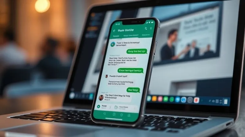A photorealistic image of a smartphone screen displaying a group chat application (like WhatsApp or Signal) with active text and voice messages, overlaid on a blurred background of a laptop displaying a workshop presentation. The smartphone screen is in sharp focus, highlighting the text-based communication as a reliable alternative. Cinematic lighting, depth of field. 8K hyper-detailed.