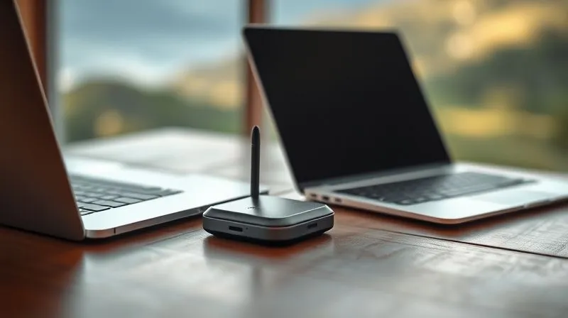 A photorealistic image of a compact, portable mobile hotspot device with a small, discreet external antenna attached, placed on a wooden table next to a laptop. The background is a blurred, scenic view from a window, suggesting a remote location. Cinematic lighting, sharp focus on the devices, depth of field. 8K hyper-detailed.